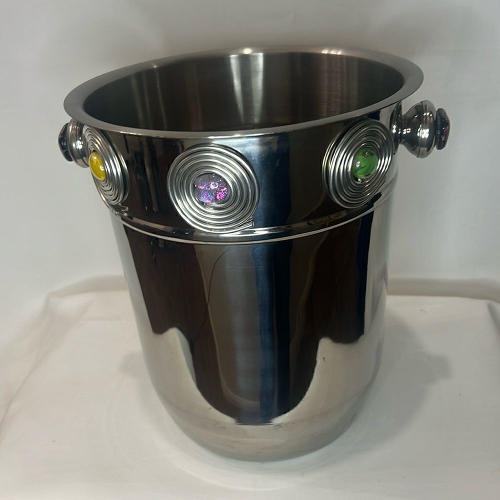 Wine Bucker Gem Adorned Silver Stainless Steel Large 10 In Tall 8 3/4 In Round